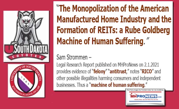 SouthDakotaUCoyotesKnudsonSchoolLawLogosSamStrommenMonopolizationManufacturedHousingREITsRubeGoldbertMachineHumanSufferingMHProNews