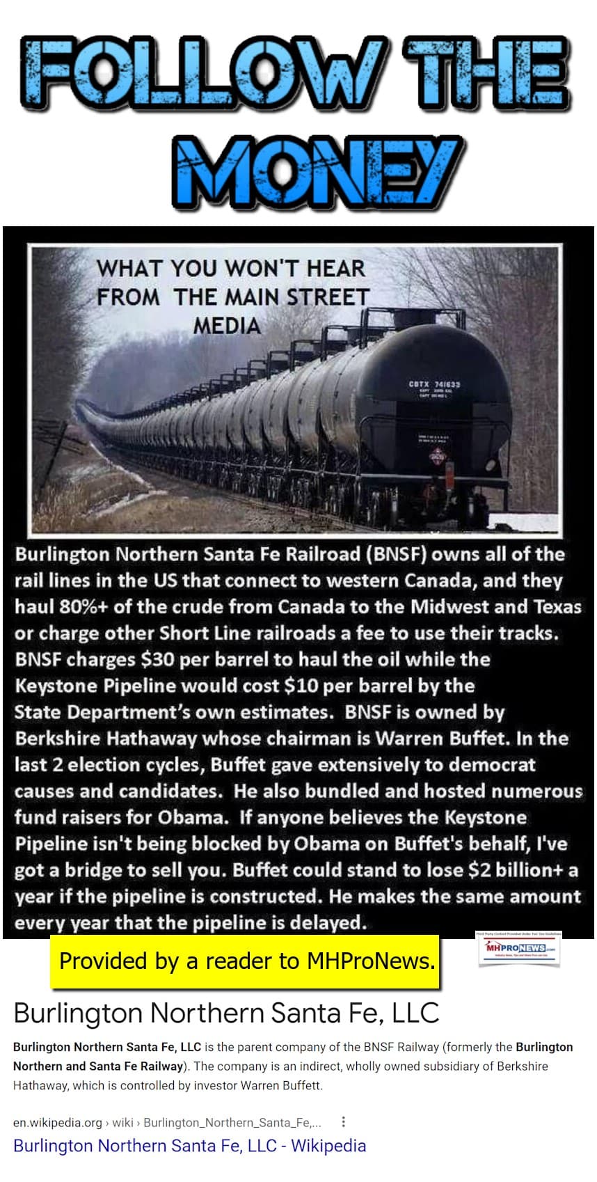 FollowTheMoneyBurlingtonNorthernWarrenBuffettKeystonePipelineMemeMHProNews