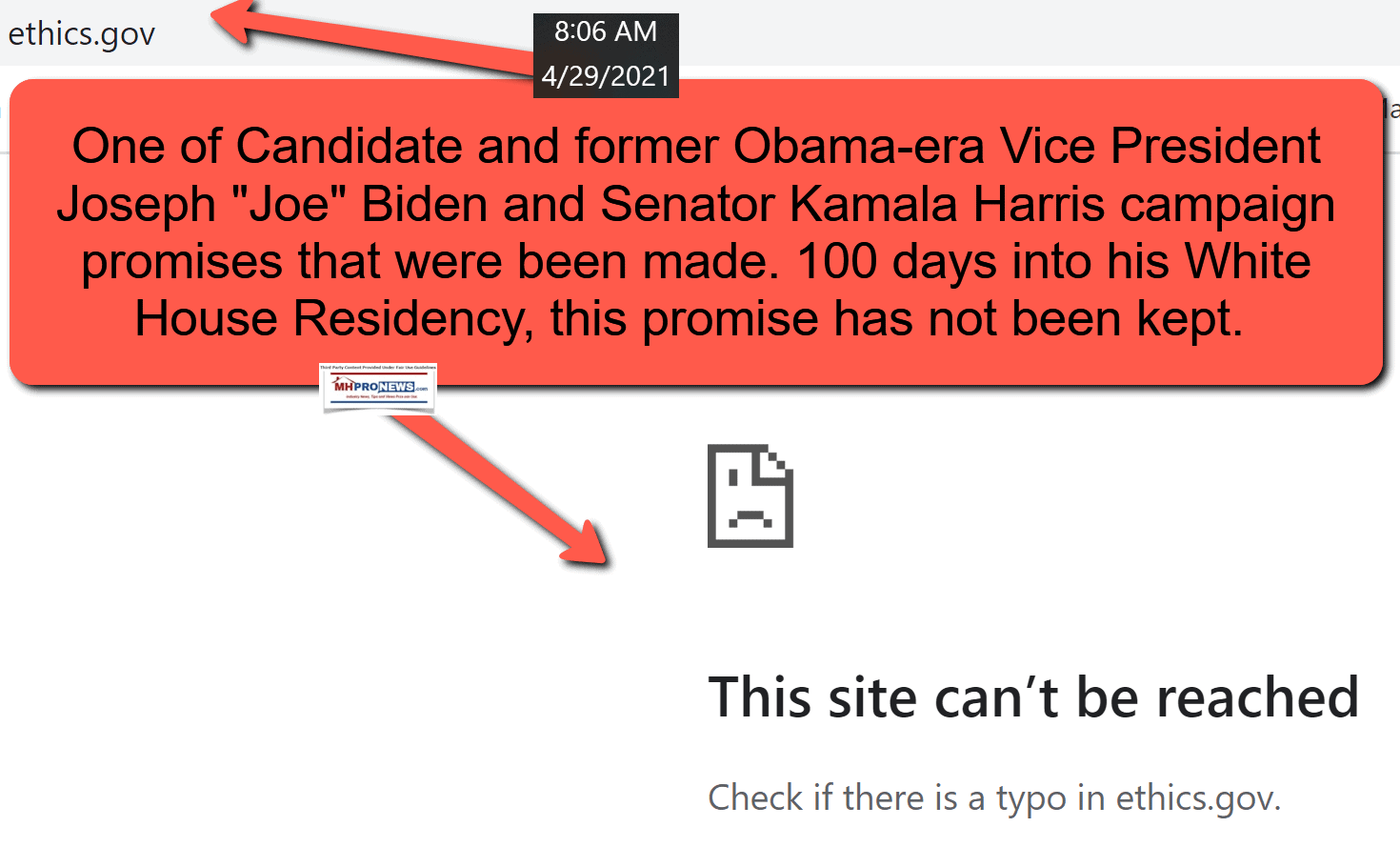 Ethics.GovNotFound100DaysofJoeBidenKamalaHarrisRegimePromisesMadePromisesNotKeptMHProNewsFactCheck