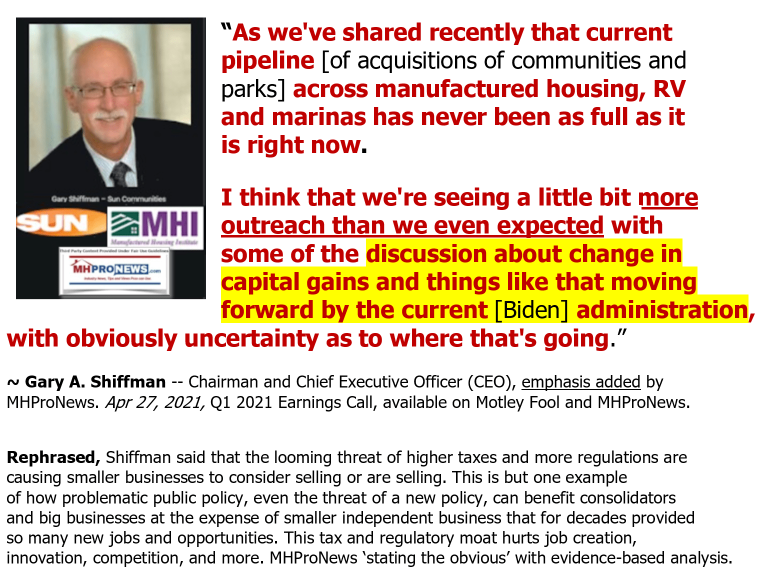 GaryASchiffmanPhotoChairCEOSunCommunitiesIncLogoQuoteBiggestPipelineTaxRegulationBidenAdminChangesDrivingAcquistionsSellingOutByIndependentsMHProNews