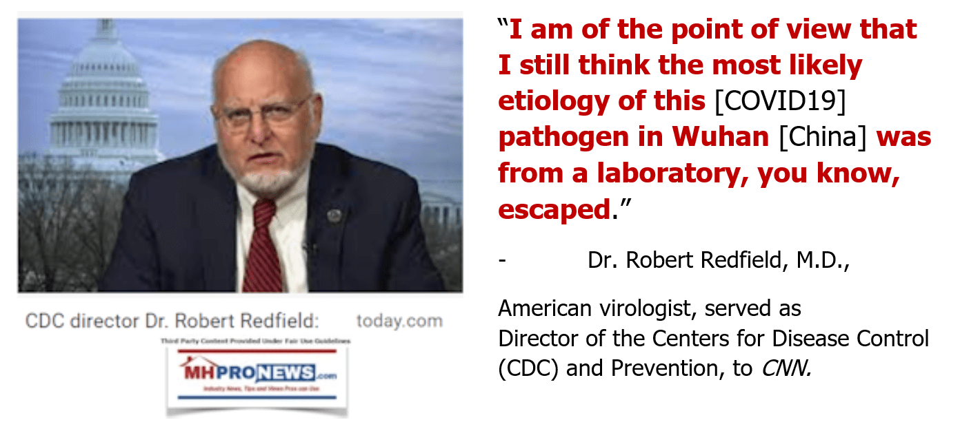 exCDCDirectorDrRobertRedfieldPhotoQuoteIThinkMostLikelyEtiologyCOVID19PathogenWuhanChineEscapedLaboratoryQuoteMHproNews