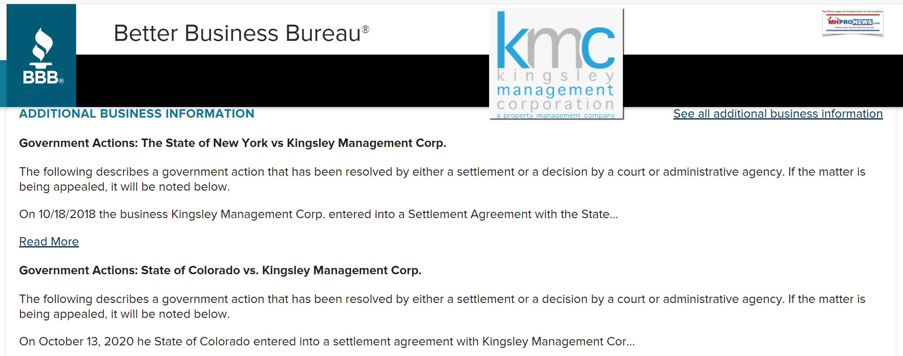 BetterBusinessBureauBBBKingsleyManagementCorpLOGOGovtGovernmentalActionsLawsuitsMHProNewsFactCheckReport