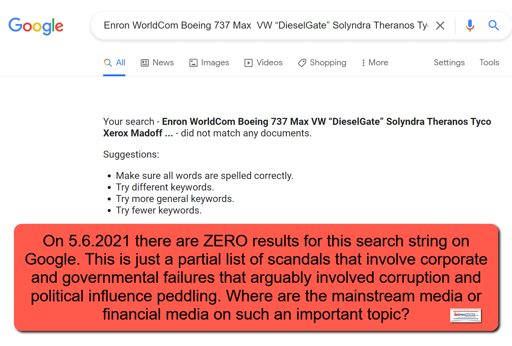 EnronWorldComBoeing737MaxVWDieselGateSolyndraTheranosTycoXeroxMadoffWeWorkLehmanBrothersFannieMaeFreddieMacGoogleMHProNewsFactCheckLogo