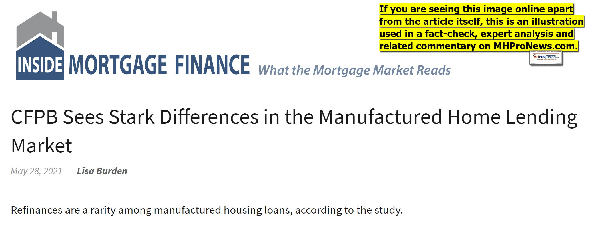 InsideMortgageFinanceLogoCFPBStudySeesStarkDifferenceInManufacturedHomeLendingMHProNewsFactCheck