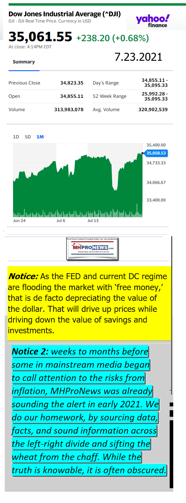 DowJonesAtClose7.23.2021MacroMarketViewManufacturedHousingProNewsDailyMarketReport