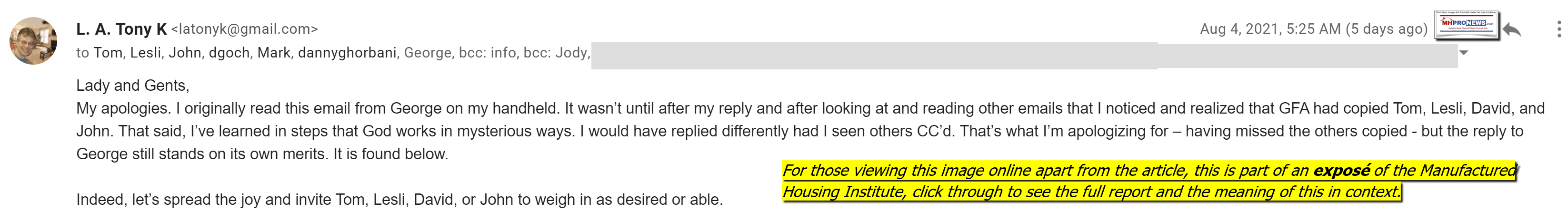 August4TonyMHProNewsEmailsToManufacturedHousingInstituteLeadersMHIChairTomHodgesMHIceoLesliGoochAttorneysMHISurrogateGeorgeAllenOthers