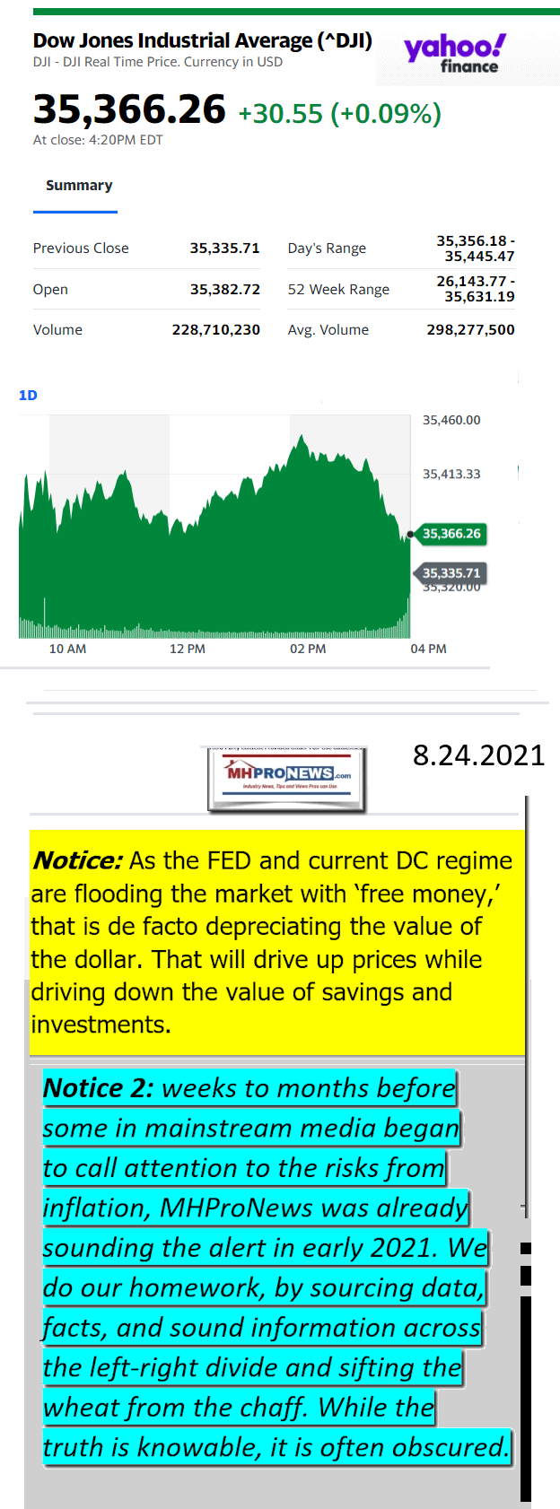 DowJones08.24.2021YahooManufacturedHousingMajorMarketSnapshotatCloseMHProNewsLogo2