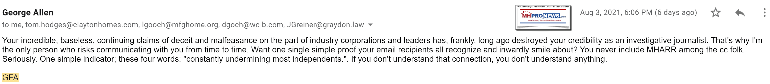 GeorgeFAllenAug3.2021emailtoTomHodgesClaytonHomesLesliGoochManufacturedHousingInstituteMHIattorneysDavidGoochJohnGreiner6.06PM-toMHProNewsMHIleadersAllenBCClistMHProNews