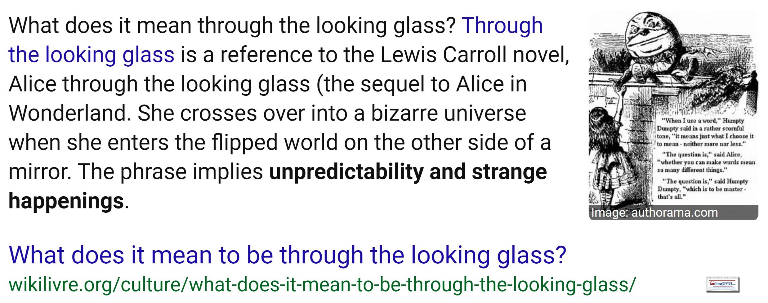 WhatDoesThroughTheLookingGlassMeanReferenceLewisCarrollnovelAliceinWonderlandBizarreFlippedWorldUnpredicableStrangeHumptyDumptyCartoonMHProNews