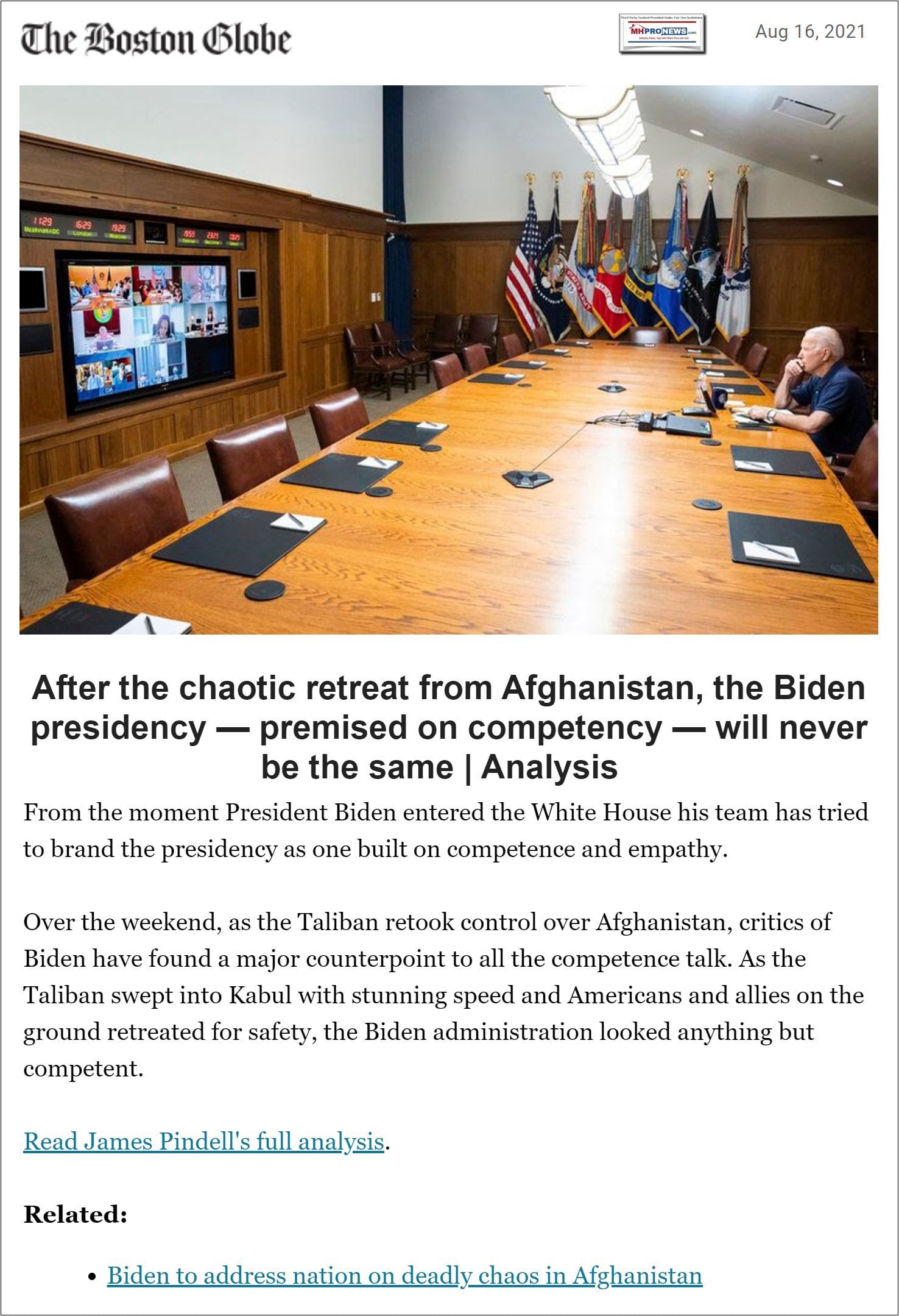 BostonGlobeLogoJoeBidenSituationRoomPicQuoteAfterChaoticRetreatAfghanistanBidenPremisedCompetencyWillNeverBeSameMHProNews