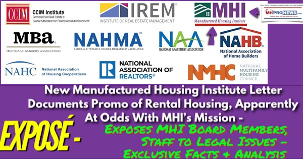 ExposéManufacturedHousingInstituteLogoCoaltionLetterheadDocumentRentalHousingPromoAtOddsMHI-ClaimedMissionExposesMHIboardMembersStaffLegalIssuesExclusiveFactsAnalysisMHProNews