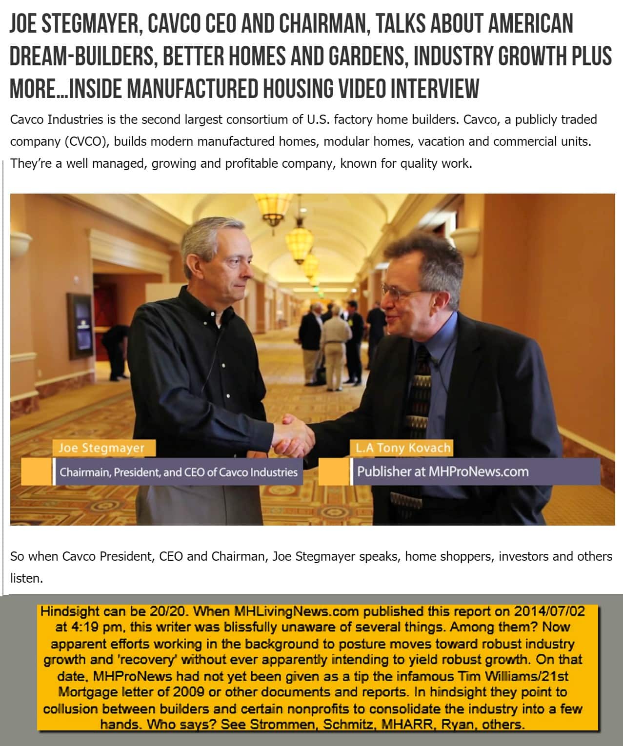 JoeStegmayerCavcoIndustriesChairmanCEOFormerManufacturedHousingInstituteChairman7.2014ManufacturedHomeLivingNewsLATonyKovach