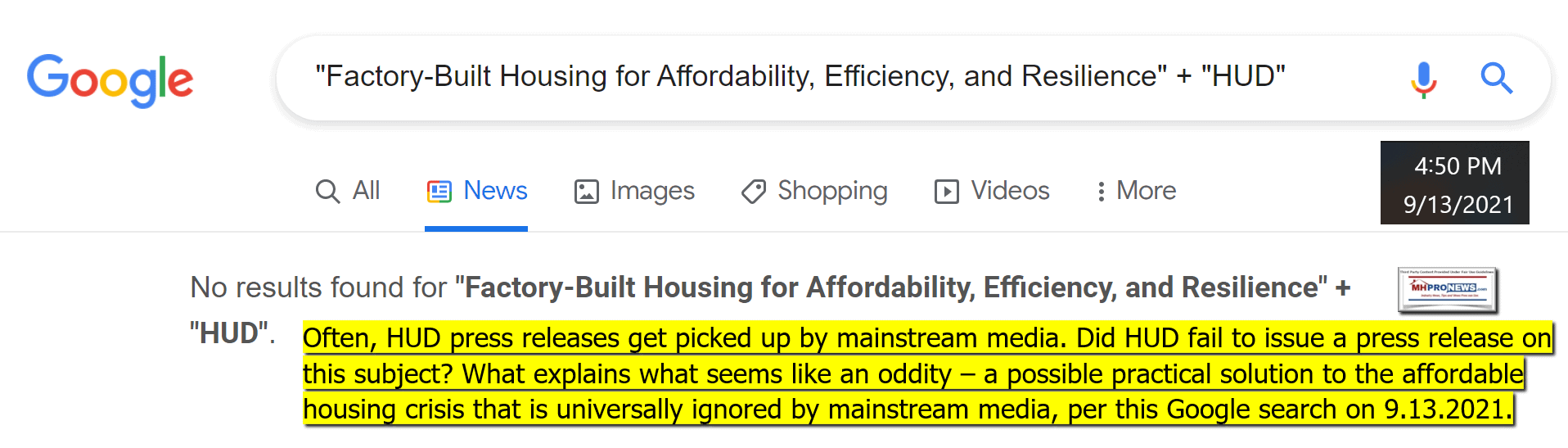 NoNewsArticlesOnHUDpdrFactoryBuiltHousingAffordablityEfficiencyReselience9.13.2021MHProNewsFactCheck