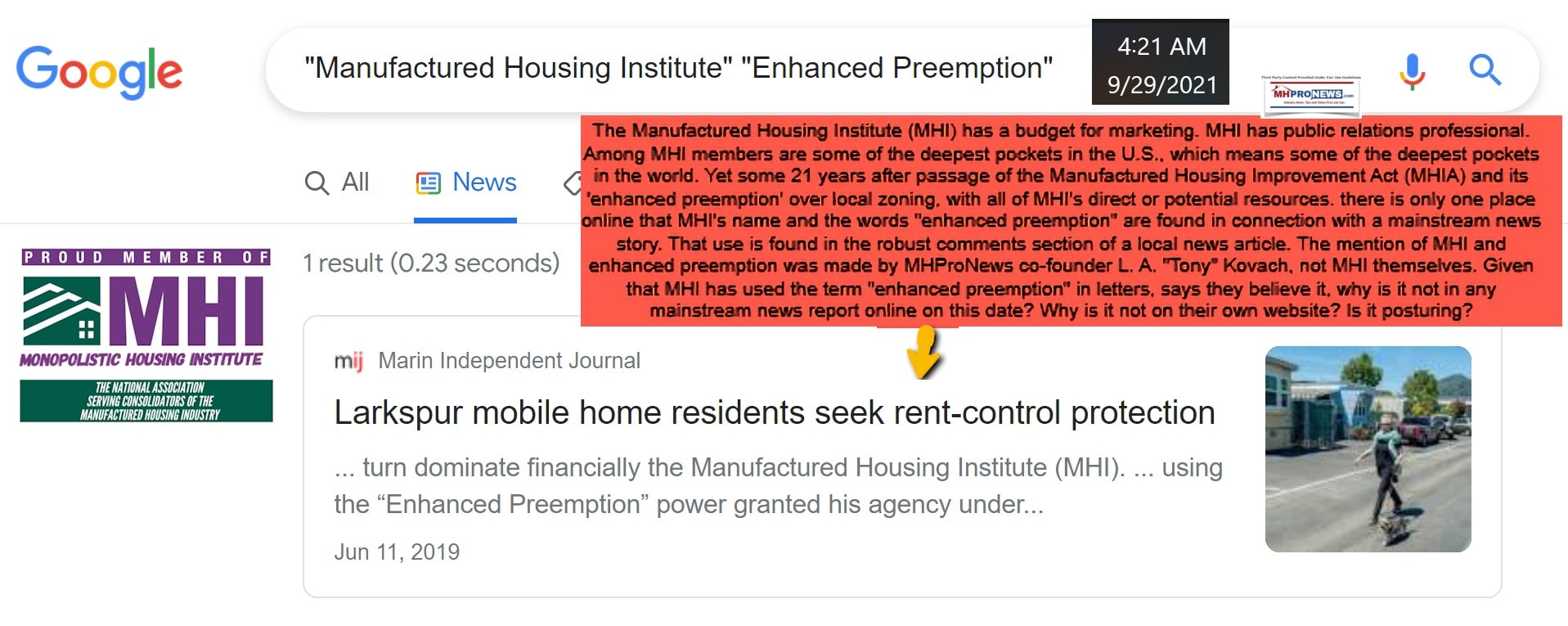 Proud member of Manufactured Housing Institute Logo Enhanced Preemption News Search 9.29.2021 3.58AM ET MHProNews