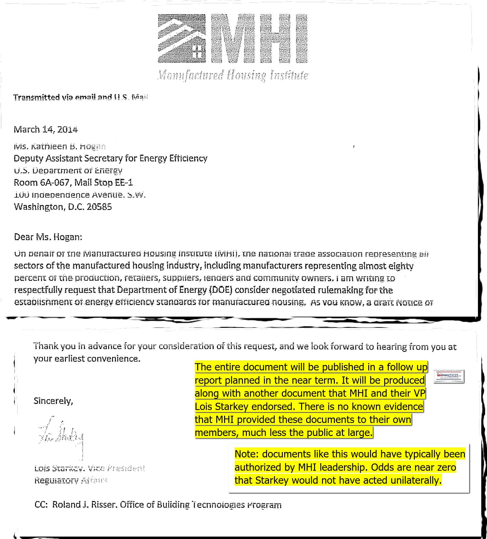 ManufacturedHousngInstituteLogoMHILetterheadMarch14.2014toLetterDOELoisStarkeyMHIvp-ManufacturedHousingEnergyRuleSmokingGunMHProNews