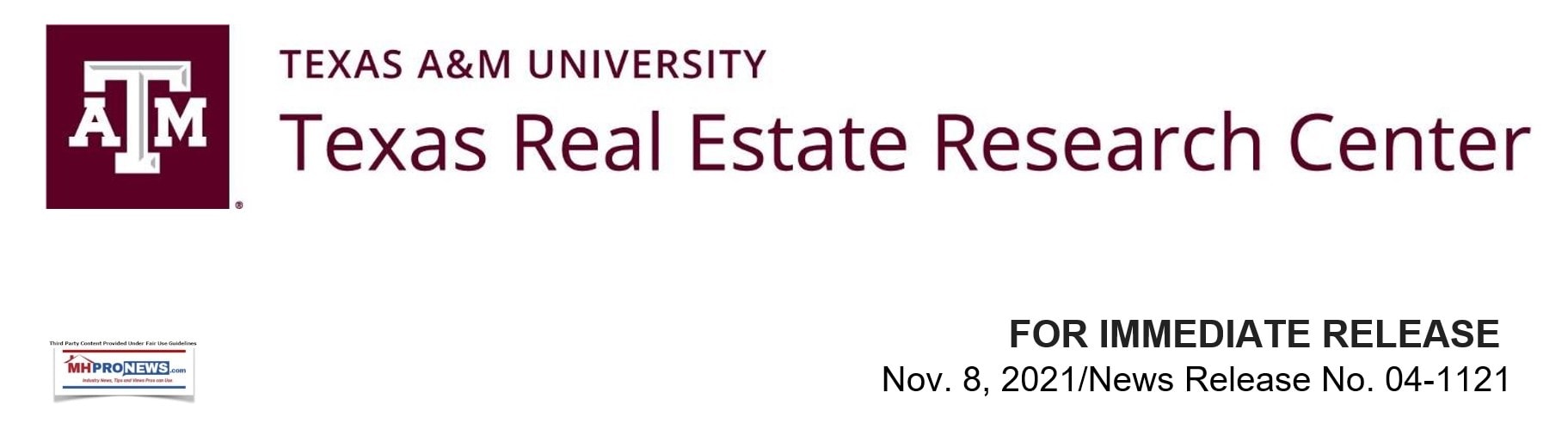 TexasRealEstateResearchCenterNewsReleaseHeaderMHProNewsLogo