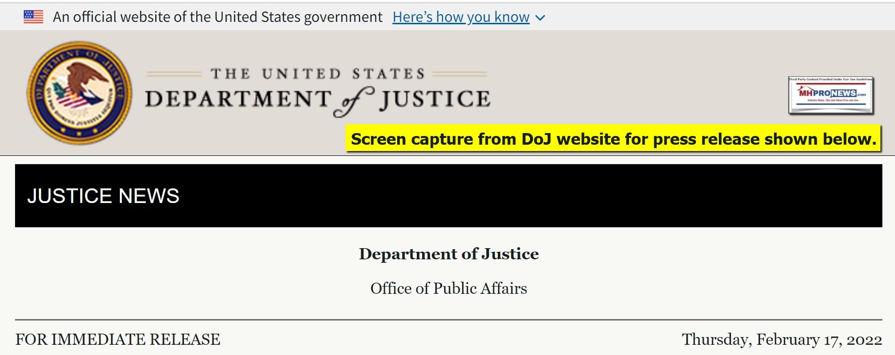 DepartmentOfJusticeDoJLogoUSAofficialWebsiteNewsReleaseHeader2.17.2022