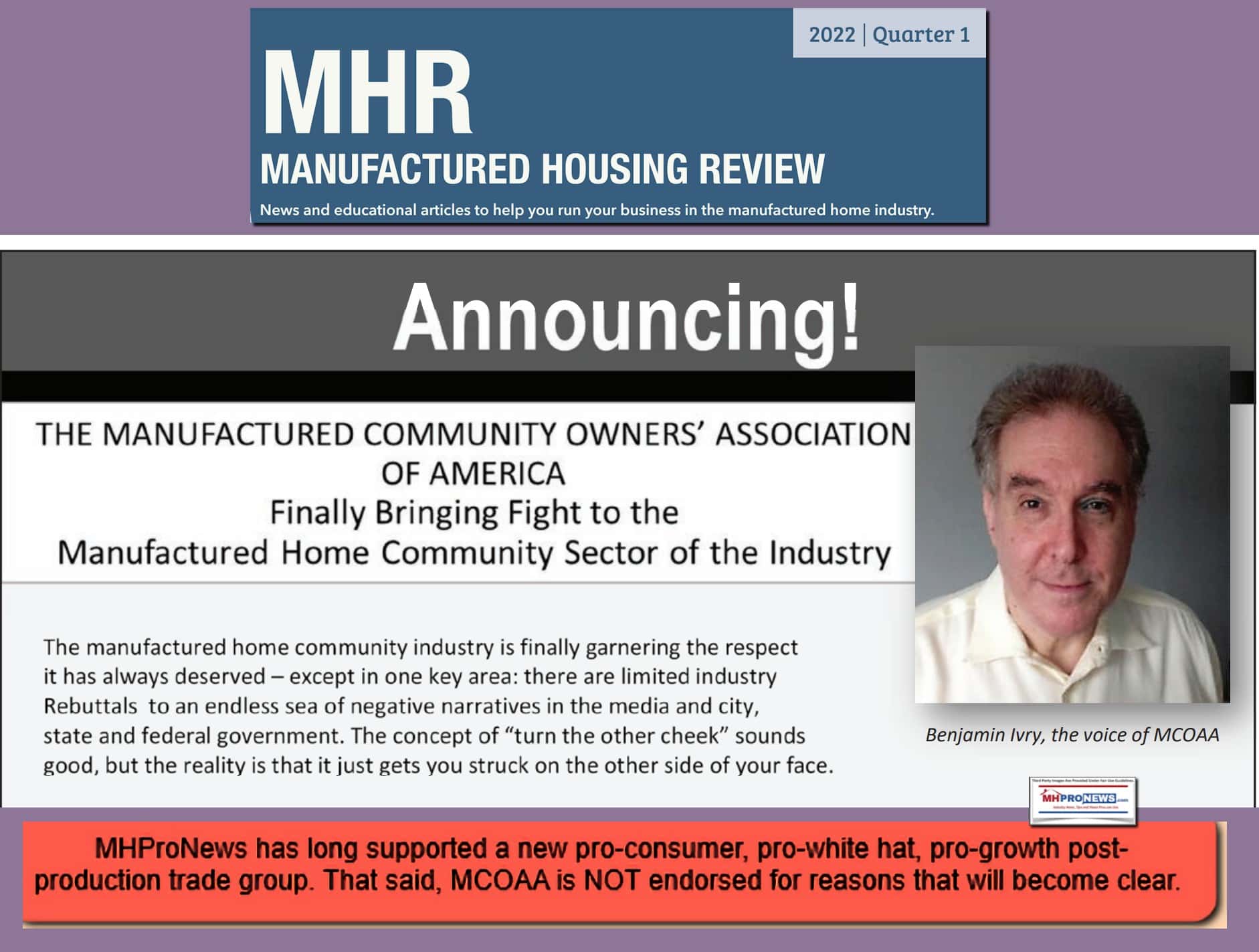 ManHousingReviewMHRlogoAnnouncingManufacturedCommunityOwnersAssociationOfAmericaFinallyBringingFightToTheManufacturedHomeCommunitySectoroftheIndustryBenjaminIvryVoiceOfMCOAA