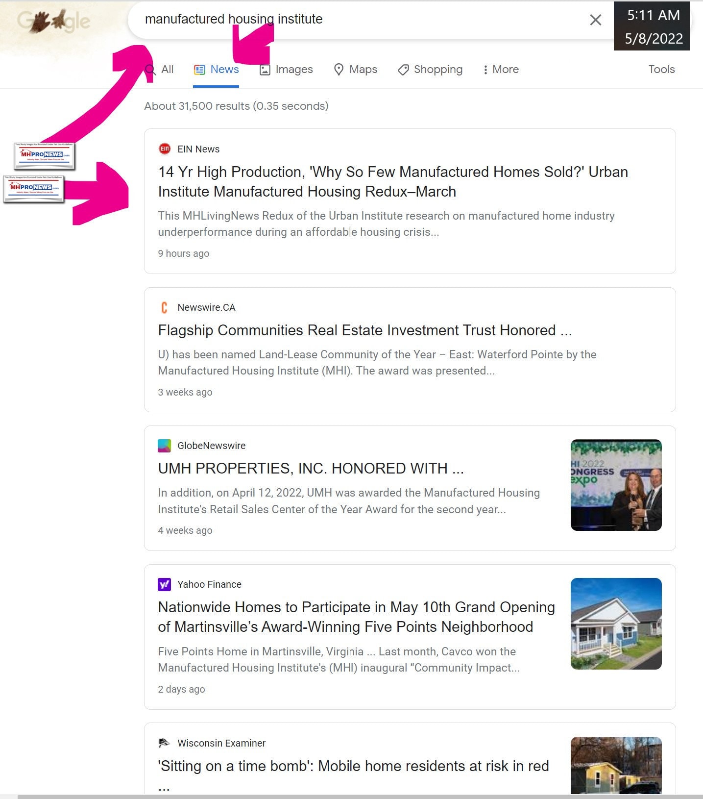 EINNewsGoogleSearchManufacturedHousingInstituteMHProNews5.8.2022