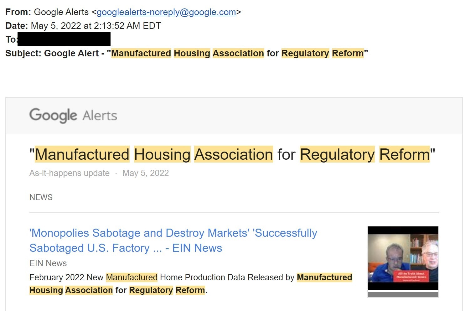 ManufacturedHousingAssociationForRegulatoryReform2022-05-05MHProNewsGoogleNewsAlert