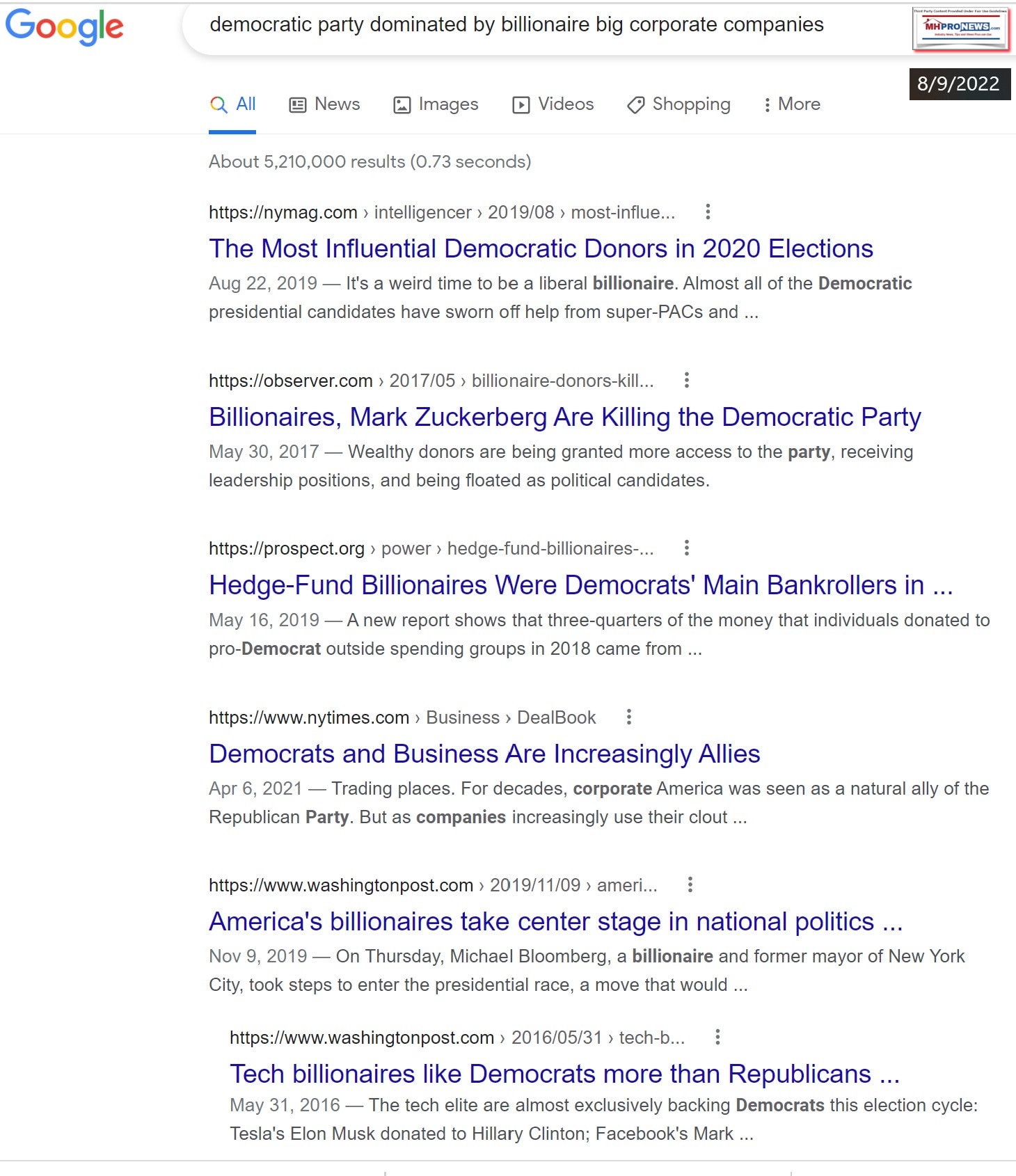 GoogleSearchDemocratPartyDominatedBillionairesBigCorporateCompaniesWashingtonPostNewYorkTimesScreenshot2022-08-09AM062946