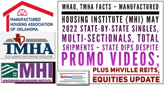 MHAOtMHAfactsManufacturedHousingInstituteMHIlogosMay2022StateByStateSinglesMultiSectionalsTotalShipmentsStateDipsDespitePromoVideosPlusMHVilleREITsEquitiesUpdateMHProNews