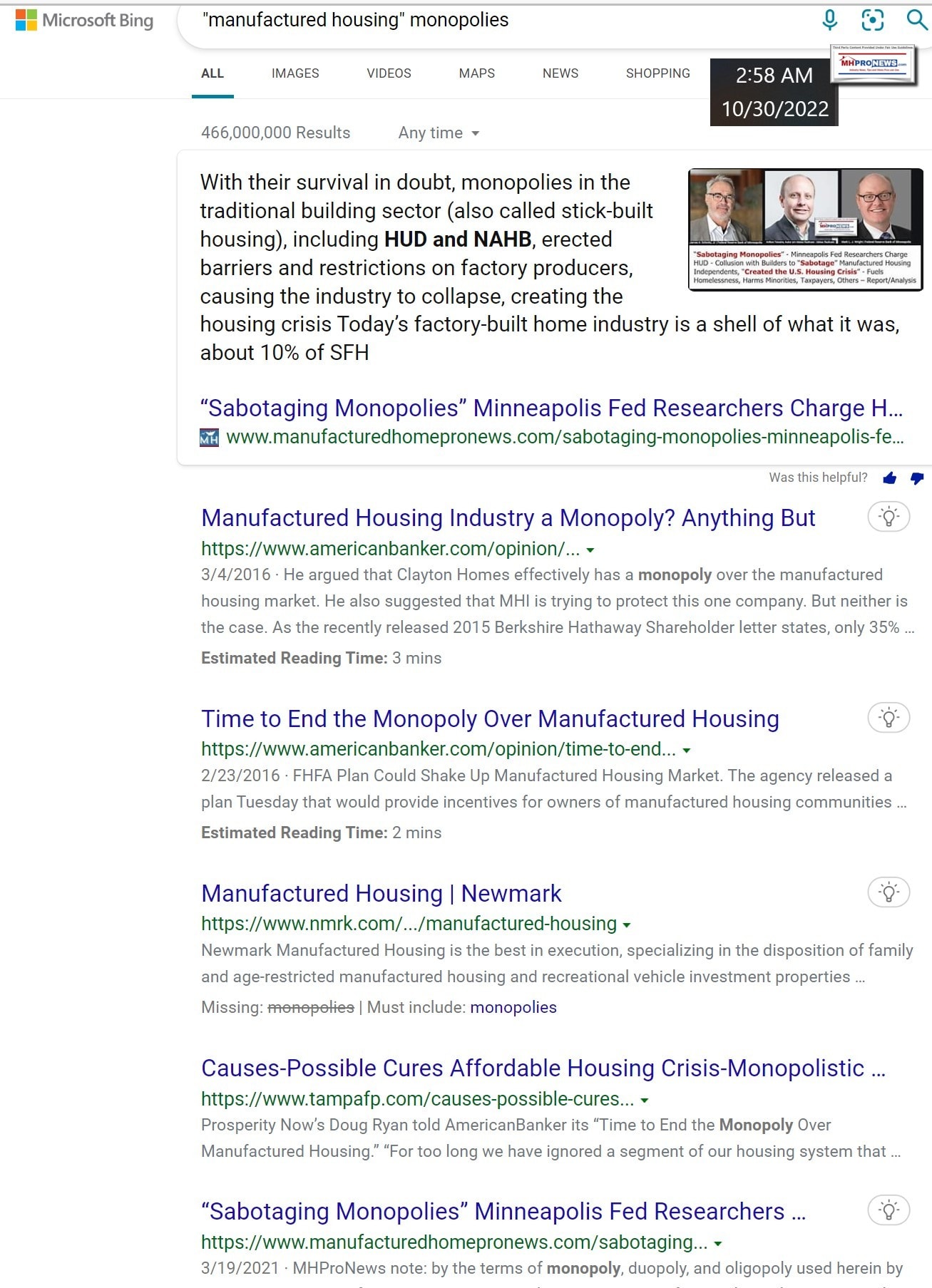 ManufacturedHousingMonopoliesBingSearchScreenshot 2022-10-30 022618MHProNewsFactCheckReportAnalysis