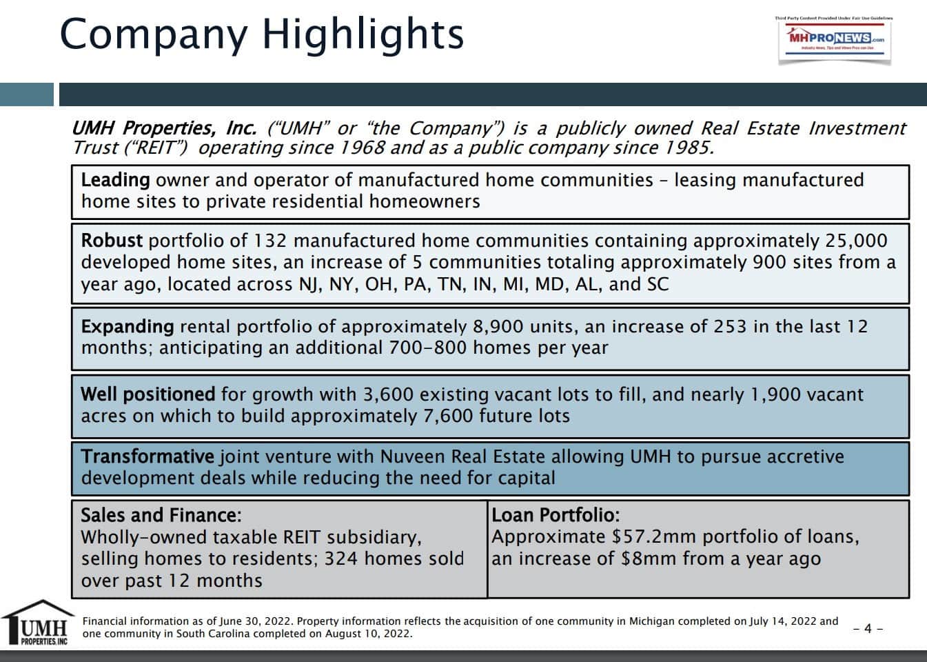 CompanyHighlightsUMHProperties-UMH-NYSEportfolioof132MHCsUp5MHCsRentalPortfolio8900Units-Growth3600VacantLots1900VacantAcres7600FutureLotsNueveenRealEstateJVSalesFinanceMHProNews