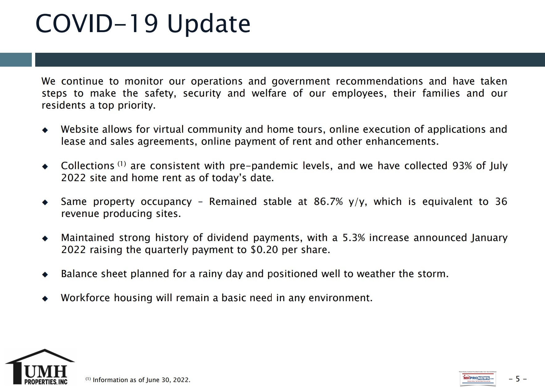 Covid19UpdateStatementsUMHPropertiesOct2022InvestorPresentationMHProNewsFactCheck