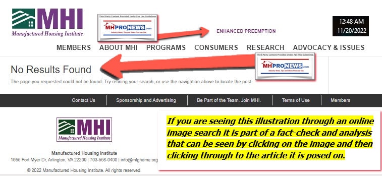 ManufacturedHousingInstituteWebsiteSearchForEnhancedPreemptionScreenshot 2022-11-20 004404 MHProNews Fact Check Analysis Commentary