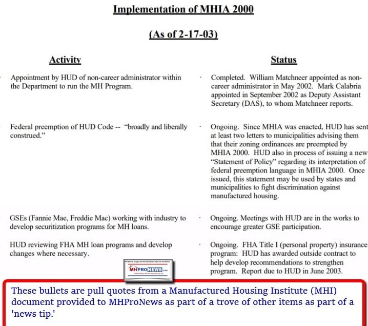 Implementation Manufactured Housing Improvement Act 2000 Manufactured Housing Institute Document NewsTip to MHProNews