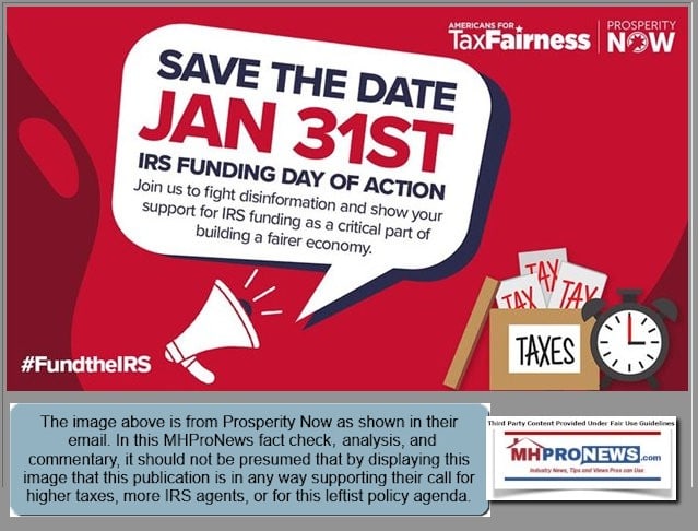 AmericansForTaxFairnessProsperityNowLogoImageInfoGraphicSaveTheDateFightDisnformationStopIRSagentStaffingIncreaseHigherTaxes#IRSFundingDayMHProNews