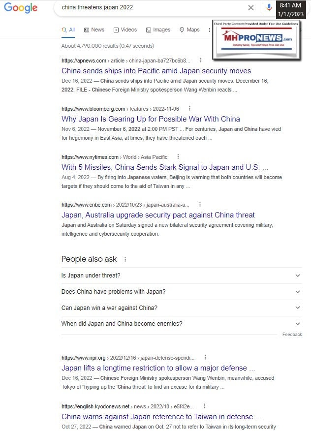ChinaThreatensWarJapan2022GoogleSearch1.17.2023ManufacturedHousingMHProNews