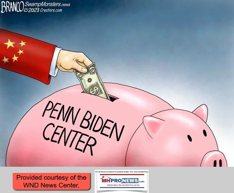 A.F.Branco2023CartoonChineseHandPuttingMoneyInPiggyBankLabelledPennBidenCenterWNDtoMHProNews