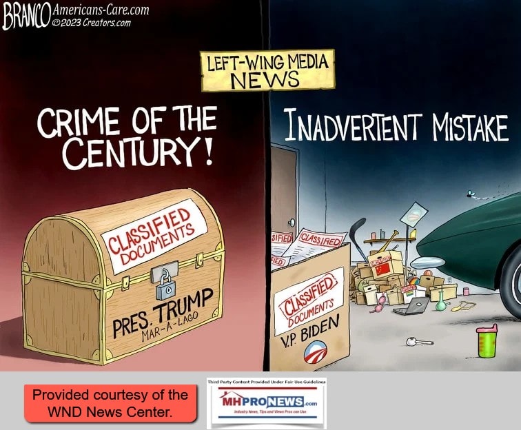 A.F.Branco2023CartoonClassifiedDocumentsPresidentTrumpLockedUpExObamaVP-JoeBiden-ClassifiedDocumentsInGarageUnsecured-WND-to-MHProNews