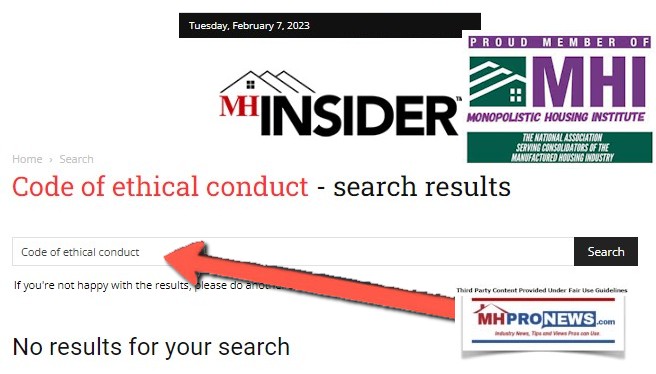 CodeOfEthicalConductMHVillageMHInsiderScreenCaptureFeb7-2023-ManufacturedHomeProNewsMHProNewsFactCheckAnalysis