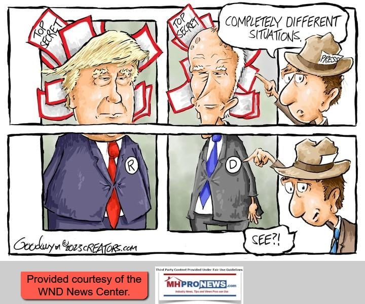 GoodwynCartoon2023ClassifiedDocumentsPresidentTrumpJoeBidenAsPresObamasVP-PressTwoDifferentSituationsOneDemOneRepublicanWND-MHProNews