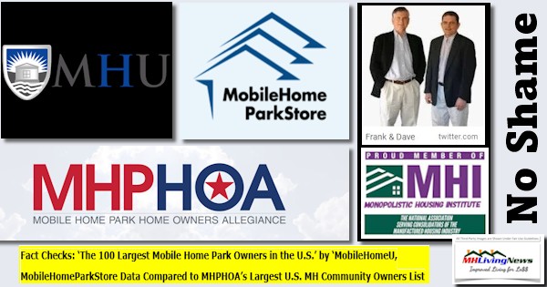 NoShameFactChecksThe100LargestMobileHomeParkOwnersInTheUSbyMobileHomeU,MobileHomeParkStoreDataComparedToMHPHOALargestUS.MHCommunityOwnersListMHLivingNews