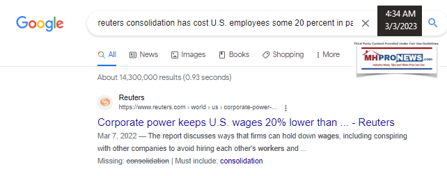 ConsolidationCorporatePowerKeepsU.S.EmployeesWages20PercentLowerReuters-MHProNews