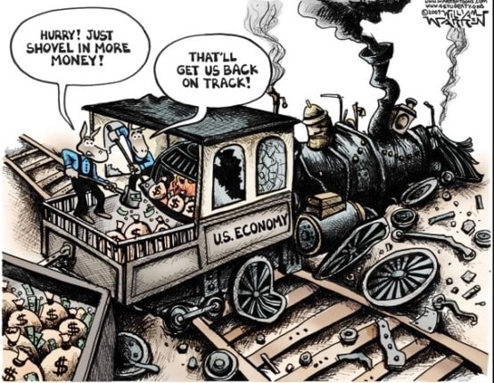 DailyTorchWilliamWarrenPoliticalCartoonTrainWreckQuickShovelInMoreMoneyU.S.EconomyMHProNews