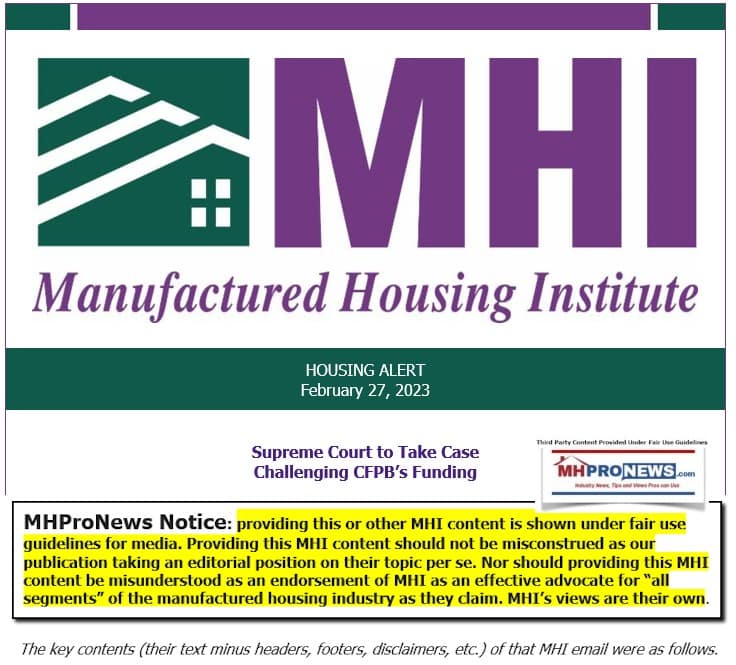 OversizedManufacturedHousingInstituteMHI-Logo-MHI-emailedHeaderHeadlineFor2.27.2023emailOnU.S.SupremeCourtChallengeToCFPBfundingViaFederalReserveNotU.S.TreasuryMHProNewsFactCheck