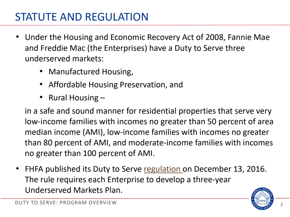 StatuteAndRegulationFHFADutyToServeManufacturedHousingAffordableHousingPreservationUnderservedMarketsRuralHousingMHProNewsFeb2022MHProNews