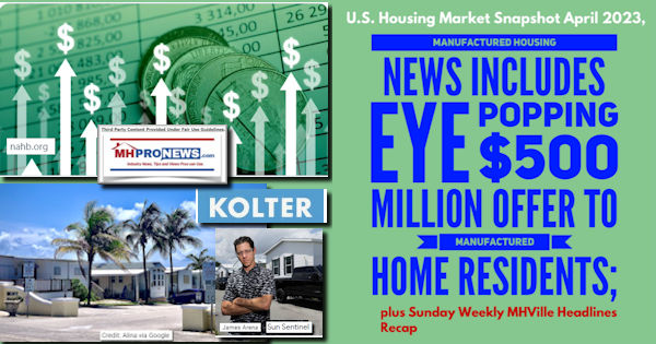 U.S.HousingMarketSnapshotApril2023ManufacturedHousingNewsIncludesEyePopping$500MillionOfferToManufacturedHomeResidentsPlusSundayWeeklyMHVilleHeadlinesRecapMHProNews