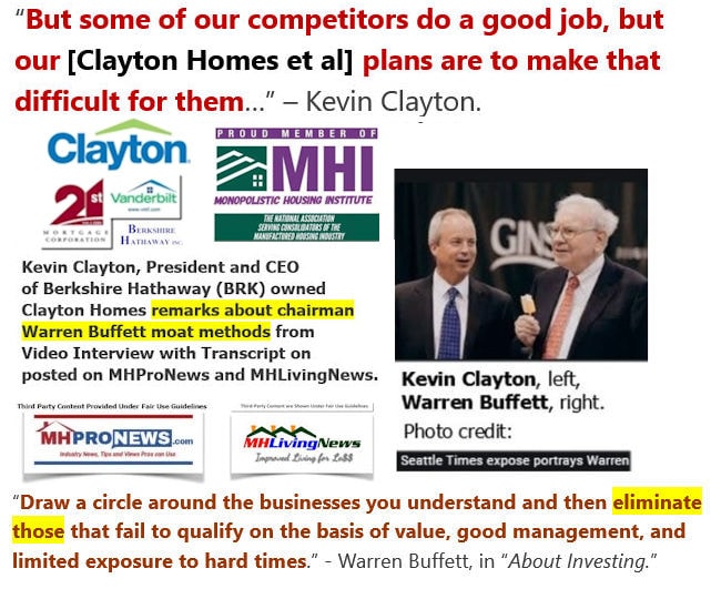 KevinClaytonWarrenBuffettPicQuoteButSomeOfOurCompetitorsDoGoodJobButClaytonHomesEtAlPlansAreToMakeThatDiffcultForThemMoatQuoteClaytonHomes21stMortgageMHI-LOGOsMHProNews