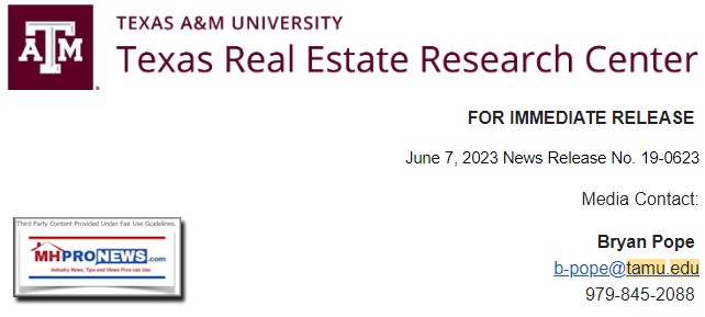 TexasA-MUniversityTexasRealEstateResearchCenterLOGOpressreleaseScreenshot6.7.2023BryanPope-MHProNews