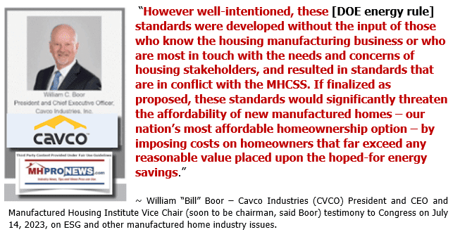 WilliamCBillBoorPhotoCavcoIndustriesManufacturedHousingInstituteLogoTestimonyToCongressQuoteDOEenergyRuleIffinalizedSeriouslyThreatenManufacturedHousingAffordabilityImposeCostsOnHomeownersFarExceedingReasonableHopedForEnergySavingsMHProNews