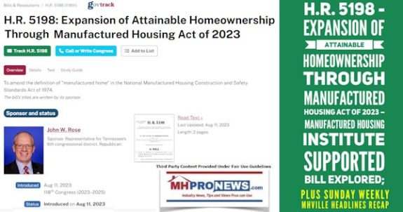 H.R.5198ExpansionOfAttainableHomeownershipThroughManufacturedHousingActOf2023ManufacturedHousingInstituteSupportedBillExploredPlusSundayWeeklyMHVilleHeadlinesRecapMHProNews