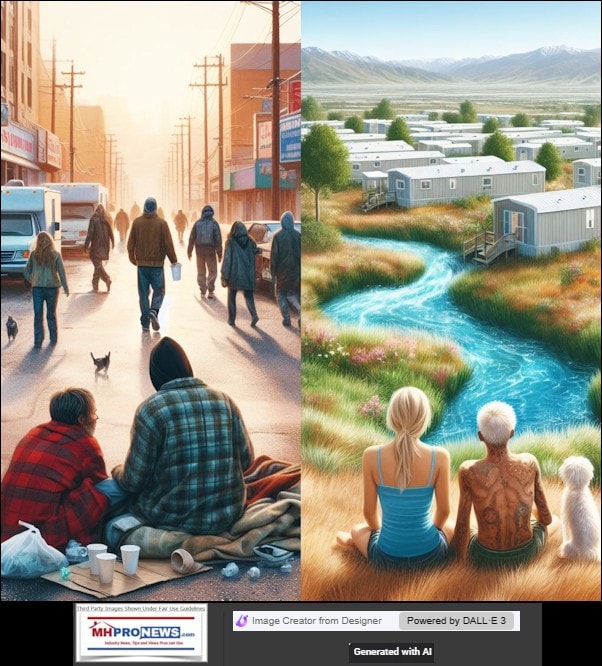 Two images 1) Homeless people in an urban setting, perhaps near businesses and conventional housing. 2) A pristine area with lots of manufactured homes, but no homeless. 2