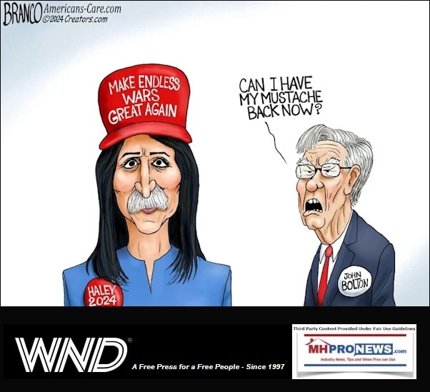 MakeEndlessWarsGreatAgainNikkiHaley2024JohnBoltonEstablishmentRINOsA.F.BrancoCartoonWND-MHProNews