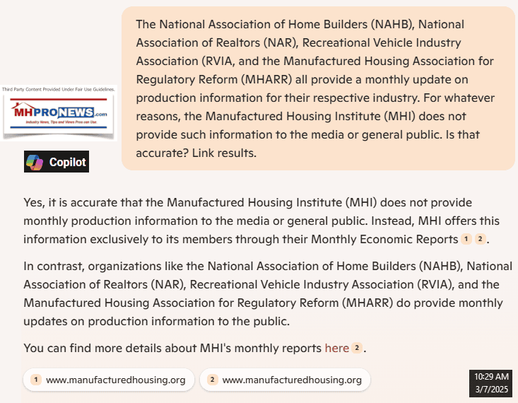 ManufacturedHousingInstituteDOES-NOTprovidePublicInformationOnNewManufacturedHousingProductionMonthlyMHARR-NAR-NAHB-RVIA-allDoCopilotFactCheckByMHProNews